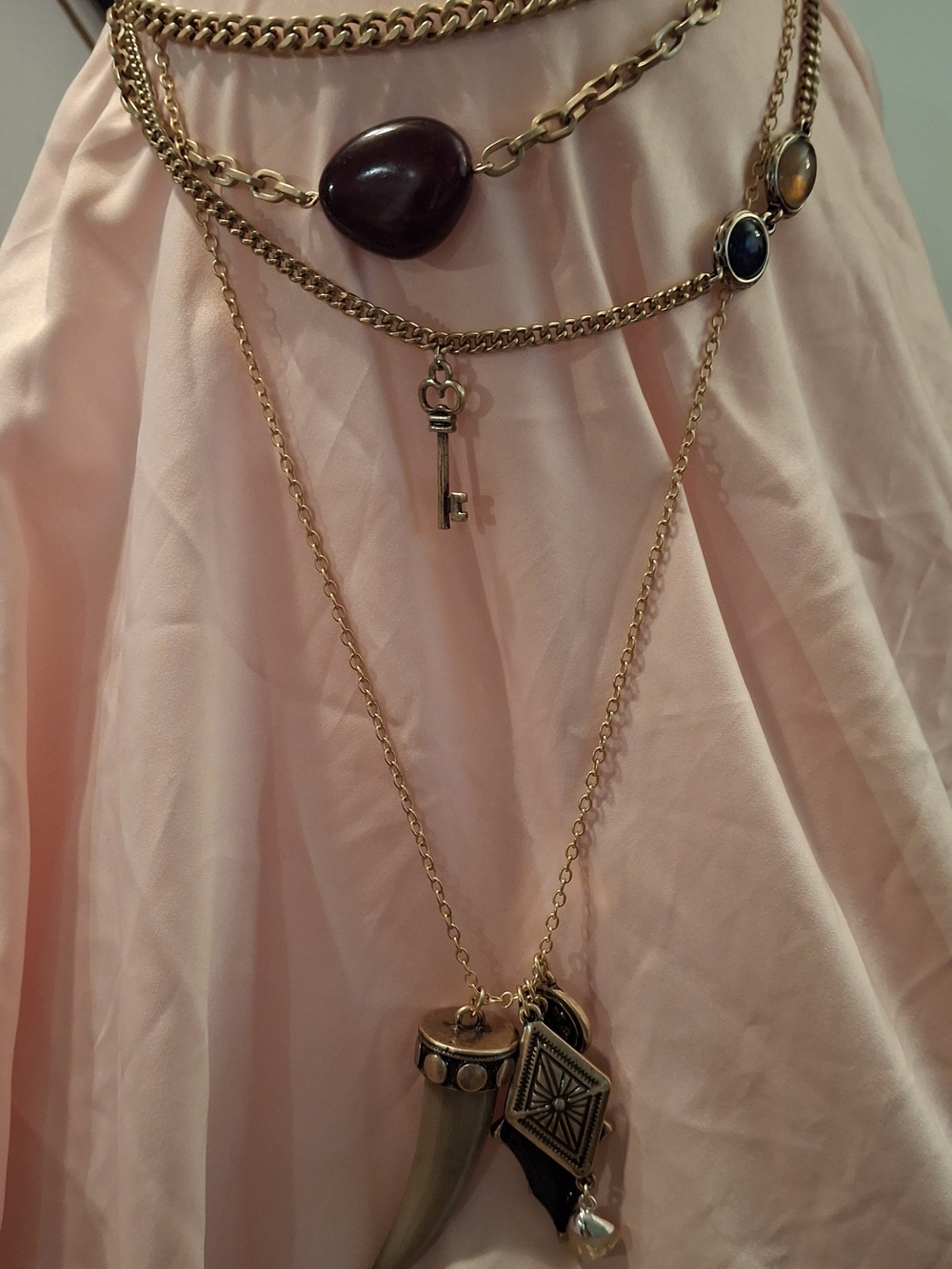 Free People Gold-Tone Layered Charm Necklace with Pink and Multicolor Stones